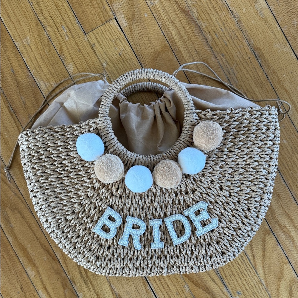 Bridal Straw Tote with Pom Pom Accents